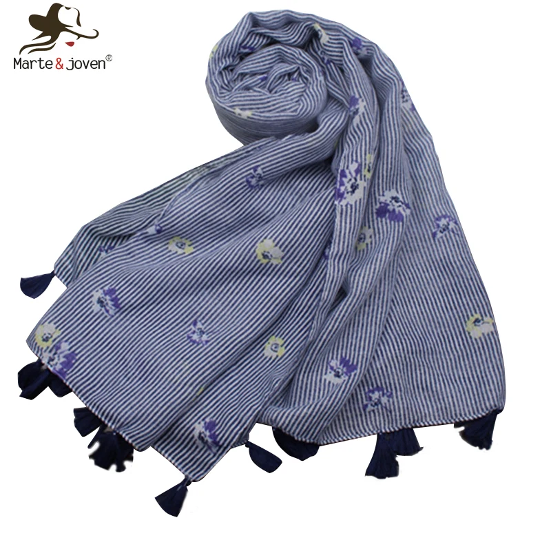 Marte&Joven Luxury Blue Striped Spring Autumn Warm Scarf Shawls for Women Elegant Floral Print Tassels Long Scarves Ladies Hijab
Marte&Joven Luxury Blue Striped Spring Autumn Warm Scarf Shawls for Women Elegant Floral Print Tassels Long Scarves Ladies Hijab