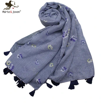 

Marte&Joven Luxury Blue Striped Spring Autumn Warm Scarf Shawls for Women Elegant Floral Print Tassels Long Scarves Ladies Hijab