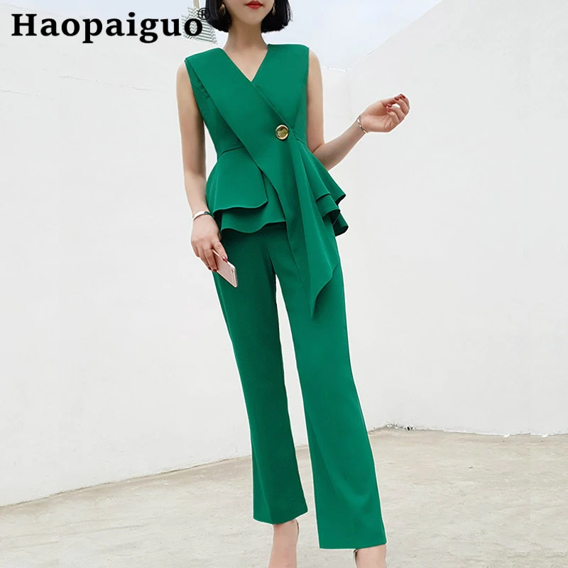 Plus Size Women's Office Work 2 Piece Set Sleeveless Green Sashes Ruffles Blouse and Long Flare Pants Women OL Two Pieces Set
Plus Size Women's Office Work 2 Piece Set Sleeveless Green Sashes Ruffles Blouse and Long Flare Pants Women OL Two Pieces Set
