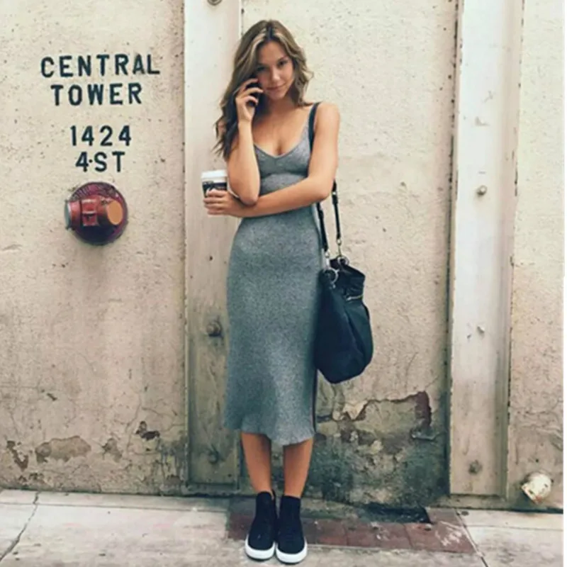 Sexy Deep V neck Spaghetti Strap Stretch Midi Dress 2016 New Women Brandy Melville AA Package Hips Side Slit Dresses
Sexy Deep V neck Spaghetti Strap Stretch Midi Dress 2016 New Women Brandy Melville AA Package Hips Side Slit Dresses