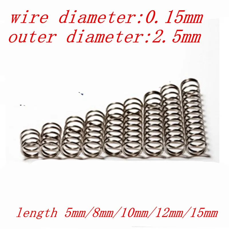 20pcs wire diameter 0.15mm compression spring outer diameter 2.5mm, length 5mm/8mm/10mm/12mm/15mm
20pcs wire diameter 0.15mm compression spring outer diameter 2.5mm, length 5mm/8mm/10mm/12mm/15mm