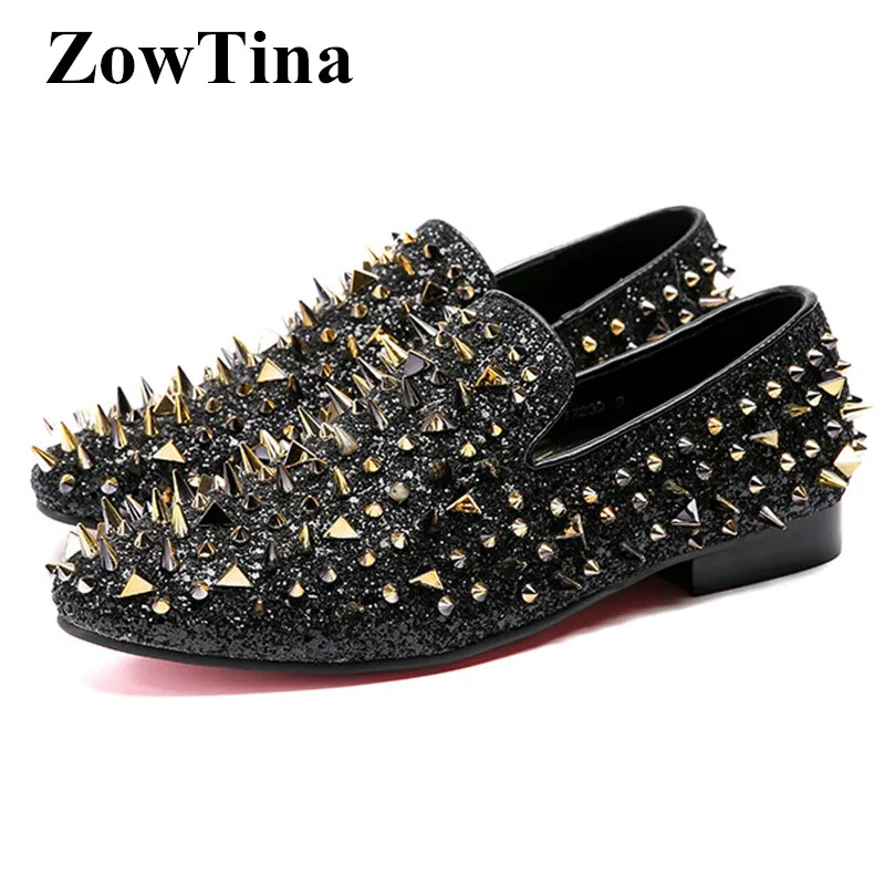 

Luxury Black Spiked Rivets Loafers Casual Shoes Bling Sequins Wedding Dress Shoes Men Flats Slip On Shoes Moccasins Large Size