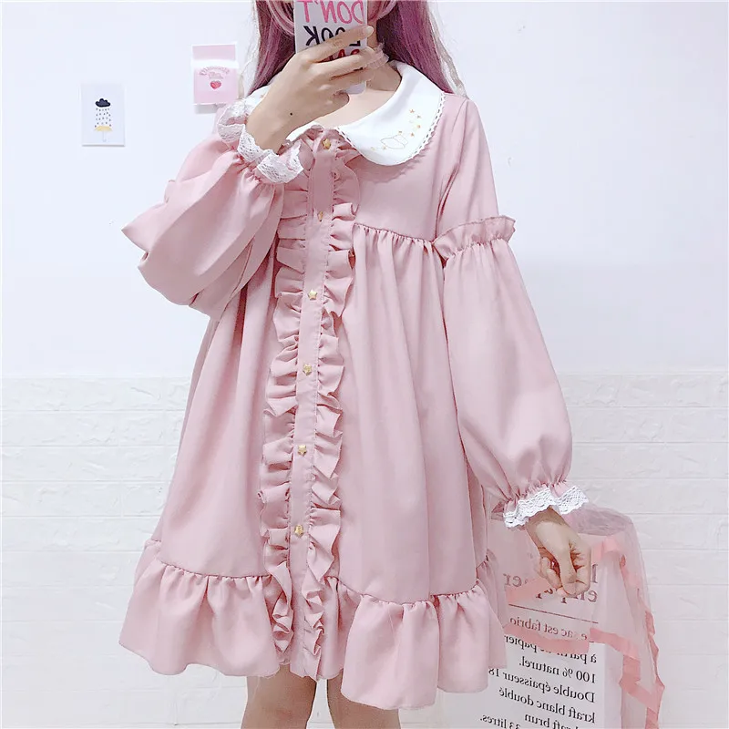 Vintage Lolita Women Mini Dress Japanese Kawaii Ruffles Lace Female Pink Doll Dress 2019 Cute Princess Star Button Shirt Vestido
Vintage Lolita Women Mini Dress Japanese Kawaii Ruffles Lace Female Pink Doll Dress 2019 Cute Princess Star Button Shirt Vestido