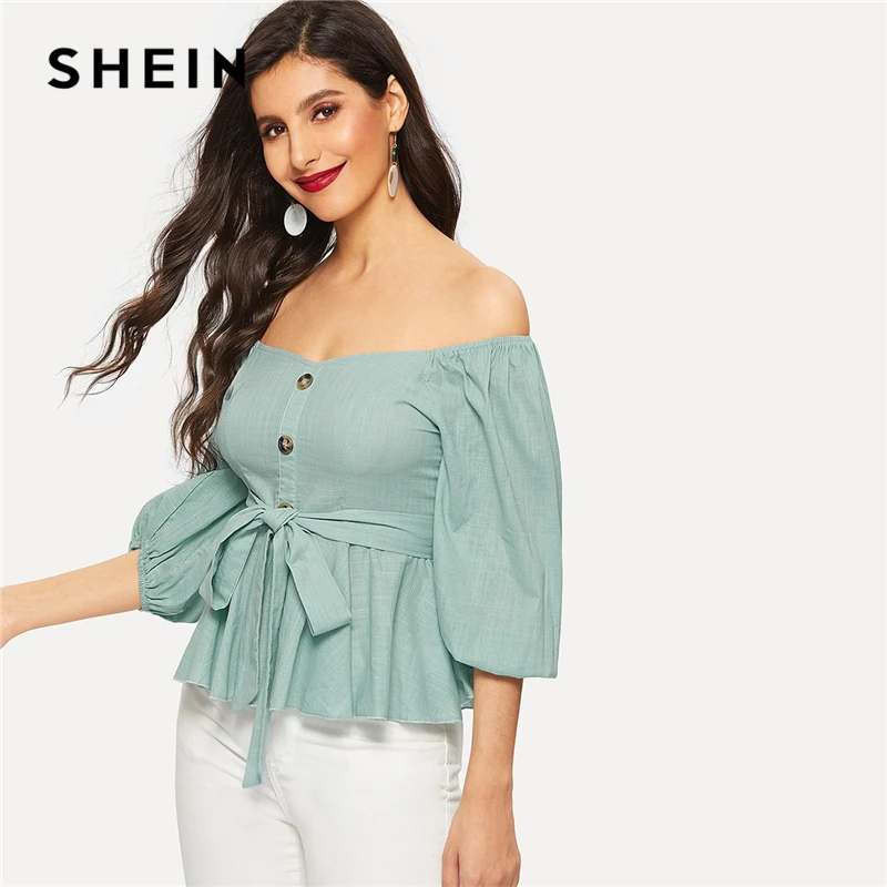 SHEIN Sexy Green Off Shoulder Self Tie Waist Peplum Solid Top Half Placket Blouse Women Spring Lantern Sleeve Elegant Blouses
SHEIN Sexy Green Off Shoulder Self Tie Waist Peplum Solid Top Half Placket Blouse Women Spring Lantern Sleeve Elegant Blouses