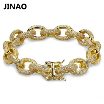 

JINAO 12MM Hip Hop Iced Out Men Bracelets Gold AAA Cubic Zircon Heavy Copper Material Twisted and Oval Link Bracelet 7"8"
