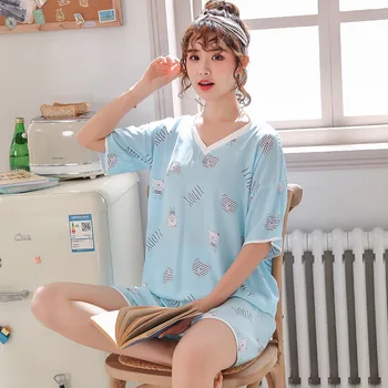Summer Sleep Set Cartoon 2 PCS Shirt&Shorts Broadcloth Sleepwear Pajamas Woman Pyjamas Suit Home Clothes Intimate Lingerie
Summer Sleep Set Cartoon 2 PCS Shirt&Shorts Broadcloth Sleepwear Pajamas Woman Pyjamas Suit Home Clothes Intimate Lingerie
