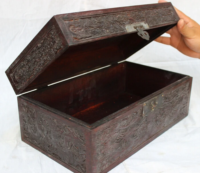 S2389 15" Folk Chinese Wood Wooden Handwork Carved Dragon Statue Dynasty Box Casket D0318