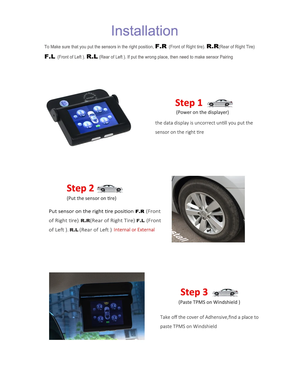 EANOP S368 Solar TPMS 2.4 inch Car Tire Pressure Monitoring System 4pcs Internal External Sensors ADAS Alarm For Universal Cars