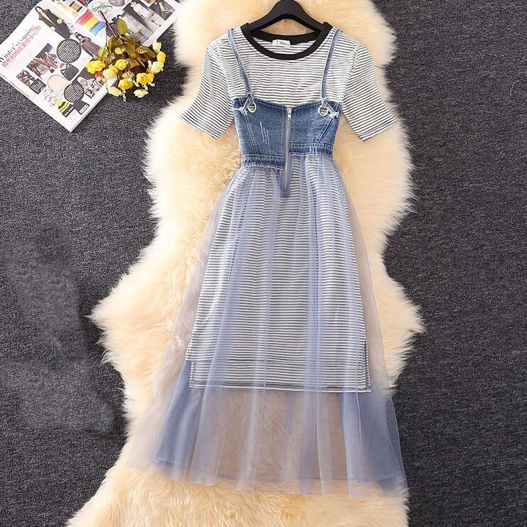 Women Denim Mesh Patchwork 2 Piec Set Striped Striped Long T Shirts + High Waist Strap Dress Suits
Women Denim Mesh Patchwork 2 Piec Set Striped Striped Long T Shirts + High Waist Strap Dress Suits