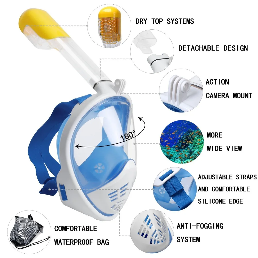 Full Face Swimming Snorkel Mask Diving Mask Anti-fog Anti-leak Panoramic View Underwater Diving Mask for Kids Youth and Adult
Full Face Swimming Snorkel Mask Diving Mask Anti-fog Anti-leak Panoramic View Underwater Diving Mask for Kids Youth and Adult