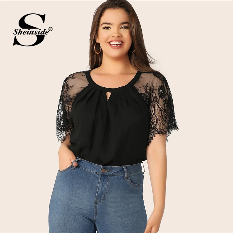 Sheinside Plus Size Eyelash Lace Sleeve Patchwork Blouse Women 2019 Summer Raglan Sleeve Black Blouses Ladies Solid Basic Top
Sheinside Plus Size Eyelash Lace Sleeve Patchwork Blouse Women 2019 Summer Raglan Sleeve Black Blouses Ladies Solid Basic Top