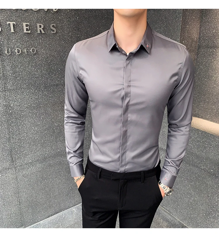 Mens fashion long sleeve shirt 2019 new social dress shirts Grey tuxedo shirt for male Business Casual Solid Color slim shirt
Mens fashion long sleeve shirt 2019 new social dress shirts Grey tuxedo shirt for male Business Casual Solid Color slim shirt