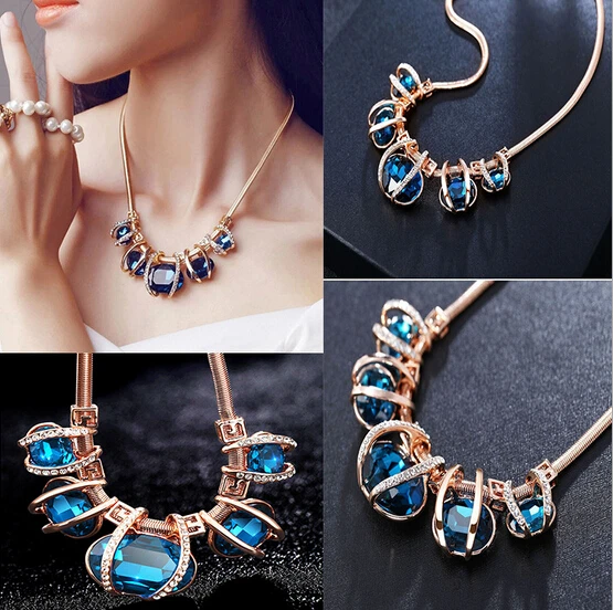 

Glitter Rhinestone Women Pendant Blue Chunky Statement Chain Choker Necklace Exquisite Crystal Party Collarbone Chain Necklace