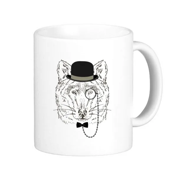 

British Style Gentle Wolf With Hat Bow Tie Glass Animal Classic Mug White Pottery Ceramic Cup Milk Coffee With Handles 350 ml