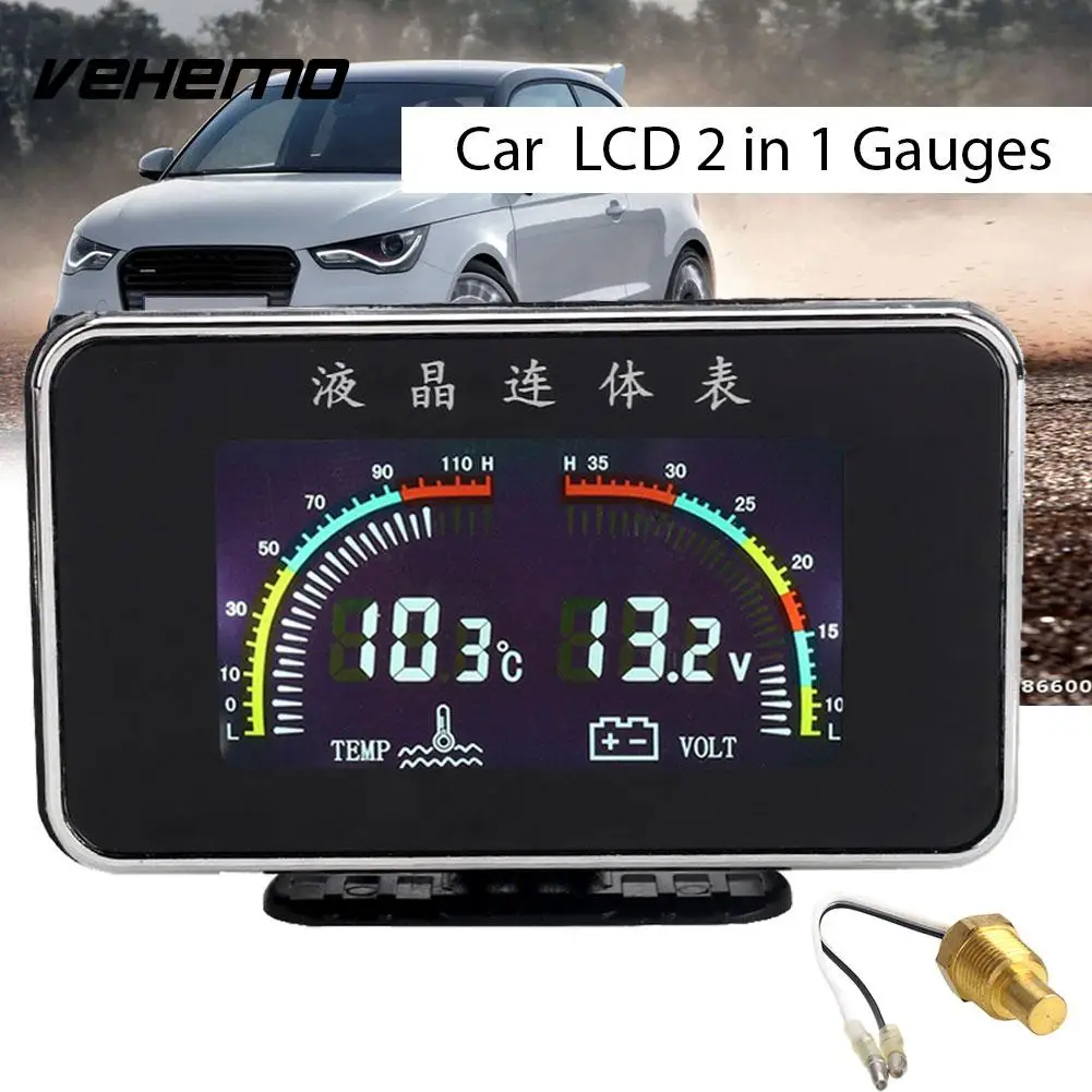 2in1 Dashboard Car Water Temperature Gauge Meter Voltmeter Voltage w/ Sun Shade 