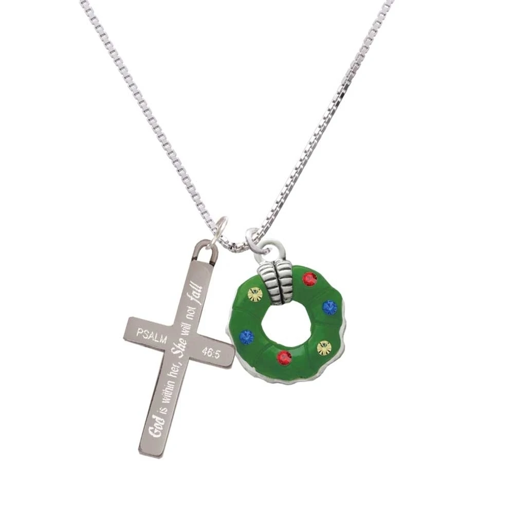 Green Resin Wreath with Crystals - She will not Fall - Cross Necklace