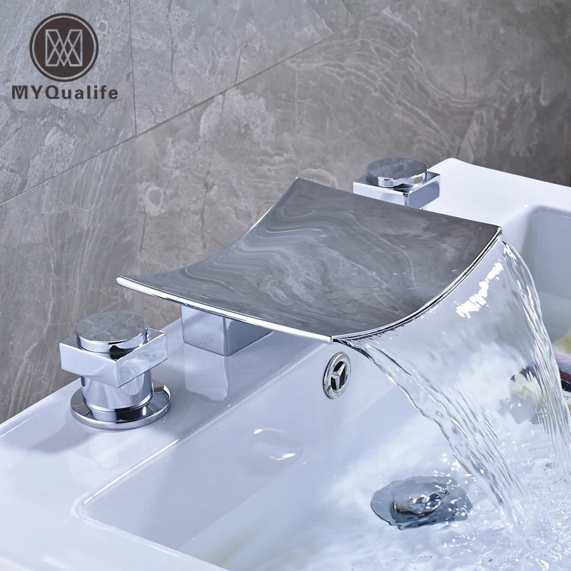 

Polished Chrome Wide Waterfall Spout Bathroom Tub Mixer Faucet Dual Handle Widespread Basin Sink Hot and Cold Taps