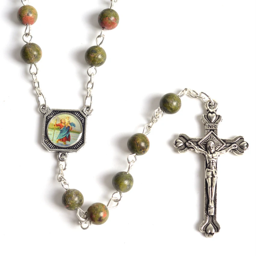 Fashion Round Natural Stone Beads Rosary Necklace Jesus and St Christopher Square Centerpiece
Fashion Round Natural Stone Beads Rosary Necklace Jesus and St Christopher Square Centerpiece