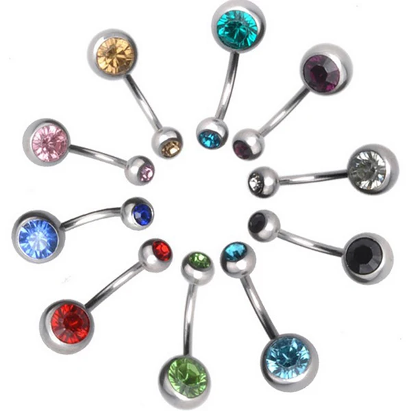 PIXNOR 12pcs/set Fashion Double Jeweled Crystal Gem Belly Button Navel Rings Surgical Steel Nostril Piercing for Women Men Decor |