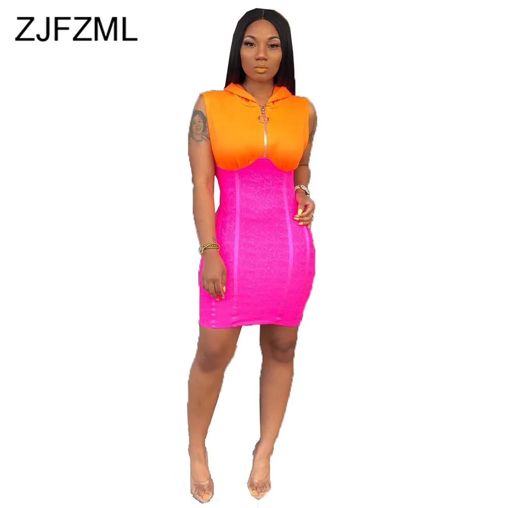 Color Block Patchwork Sexy Mini Dress Women Front Zipper Sleeveless Package Hip Dress Summer Hooded High Waist Club Party Dress
Color Block Patchwork Sexy Mini Dress Women Front Zipper Sleeveless Package Hip Dress Summer Hooded High Waist Club Party Dress