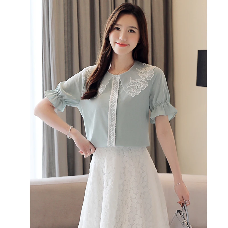 Women Shirt Summer Casual Doll Collar Lace Bottom Shirt Chiffon Shirts Blouse Female Top Blusas Women Blouses
Women Shirt Summer Casual Doll Collar Lace Bottom Shirt Chiffon Shirts Blouse Female Top Blusas Women Blouses