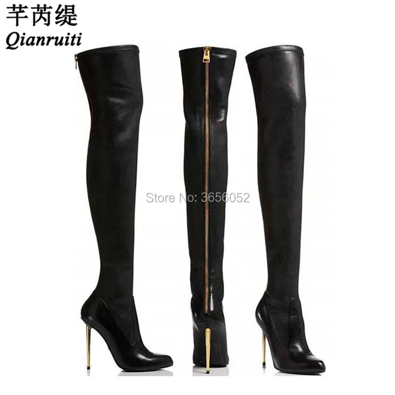 

Qianruiti Shoes Woman High Heels Pointed Toe Gold Zip Thigh High Bootie Black Stretch Leather Metal Stiletto Over-The-Knee Boots