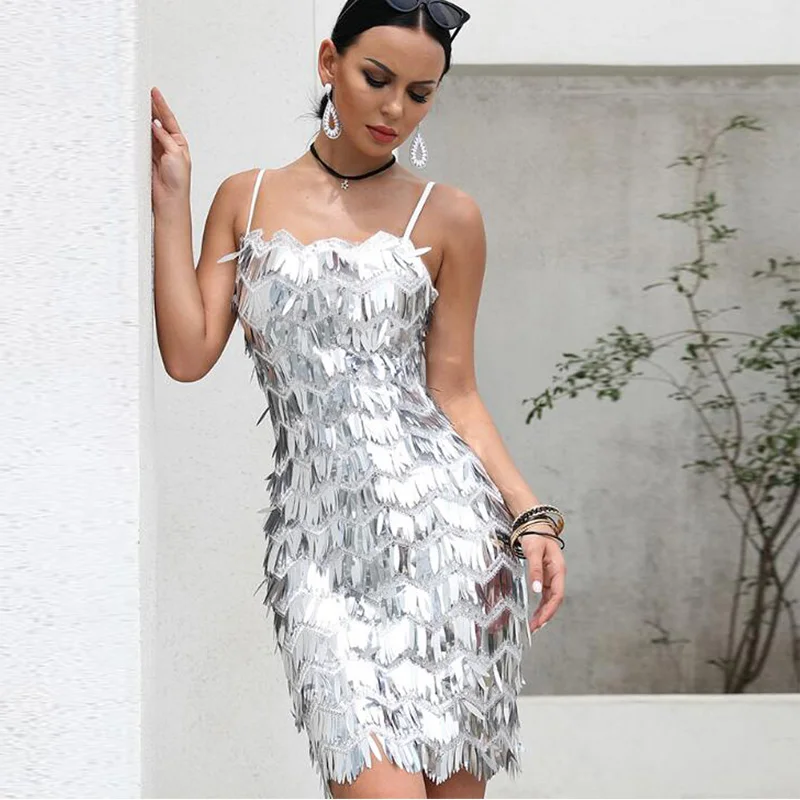Модные Серебристые розовый Squin платье 2018 Новый Спагетти ремень Bodycon без бретелек