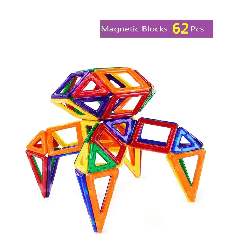 

62 Pieces Kids Children DIY Magnetic Blocks Triangle Squares Isosceles Triangle Toys 2D 3D Magnetic Building Block Bricks