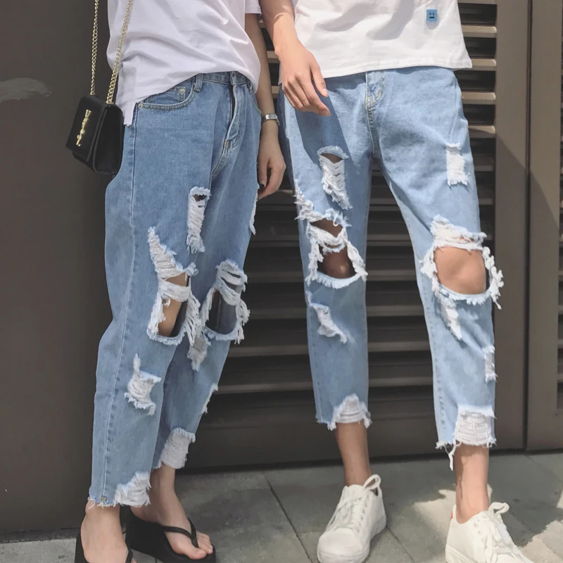 

New Jeans Men Hole Slim Fit Denim Straight Jean Couple Casual Stretch Destroyed Ripped Jeans Men Skinny Jeans 1804071