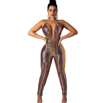 Sexy Deep V Neck Backless Sequined Fashion Overalls Rompers Womens Jumpsuit Rainbow Sleeveless Striped Playsuit Macacao Feminino
Sexy Deep V Neck Backless Sequined Fashion Overalls Rompers Womens Jumpsuit Rainbow Sleeveless Striped Playsuit Macacao Feminino