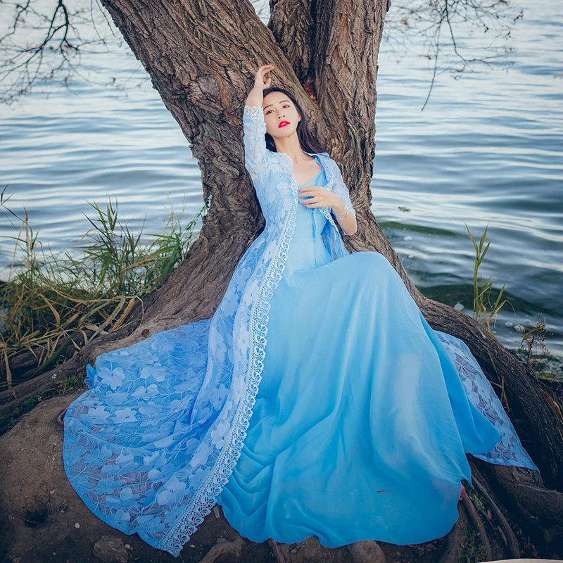 Clothing Set Dress Lace Light Blue Holiday Embroidery Long Dresses Two Pieces Floor-length | Женская одежда