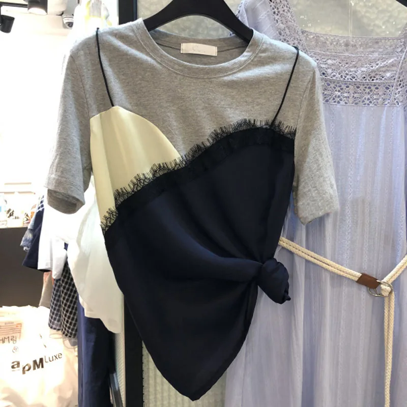 Summer women's lace stitching fake two short-sleeved T-shirt color matching wild casual short-sleeved T-shirt top GD006
Summer women's lace stitching fake two short-sleeved T-shirt color matching wild casual short-sleeved T-shirt top GD006