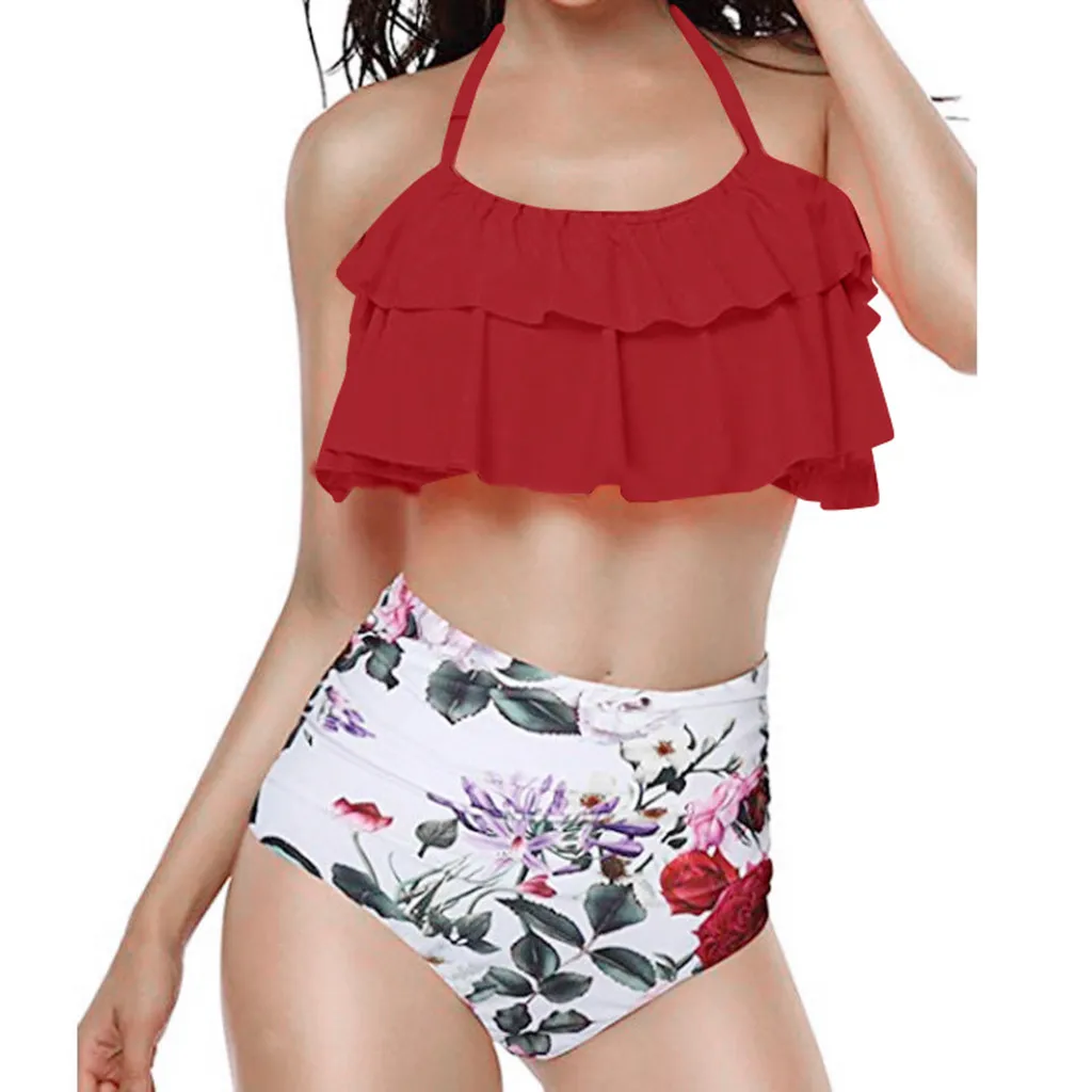 Women Solid Red Halter Top Ruffles Printed Floral Bottoms High Waist Two Piece Plus Size Sexy Backless Beach Swimwear Set Summer
Women Solid Red Halter Top Ruffles Printed Floral Bottoms High Waist Two Piece Plus Size Sexy Backless Beach Swimwear Set Summer