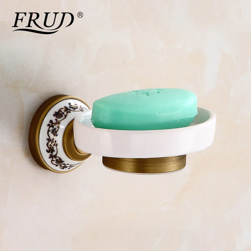 

FRUD Brass Soap Holder Fashion Antique Pure Copper Ceramic Dish Bathroom Accessories Carved Brushed Bathroom Soap Basket Y18034