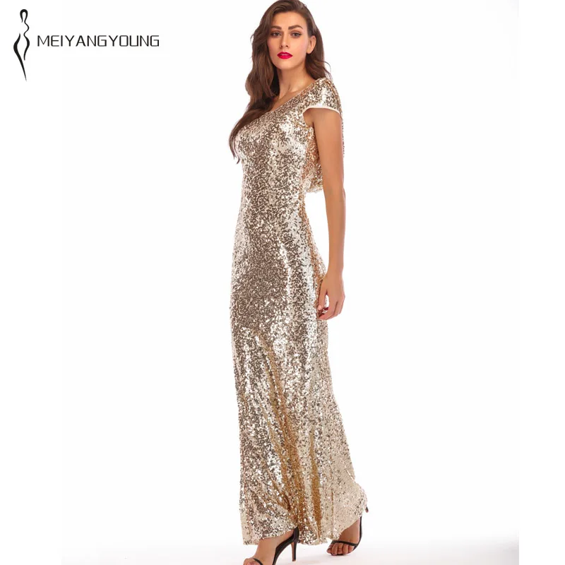2019 Весна Для женщин Золотой Sparkly Пром платье с блестками элегантные блестящие