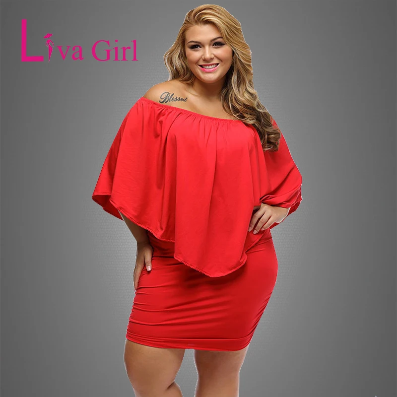 

LIVA GIRL 2019 Women Plus Size Dress Red Off Shoulder Femme Sexy Mini Dresses Large Big Size Bodycon Casual Vestidos XXL XXXL