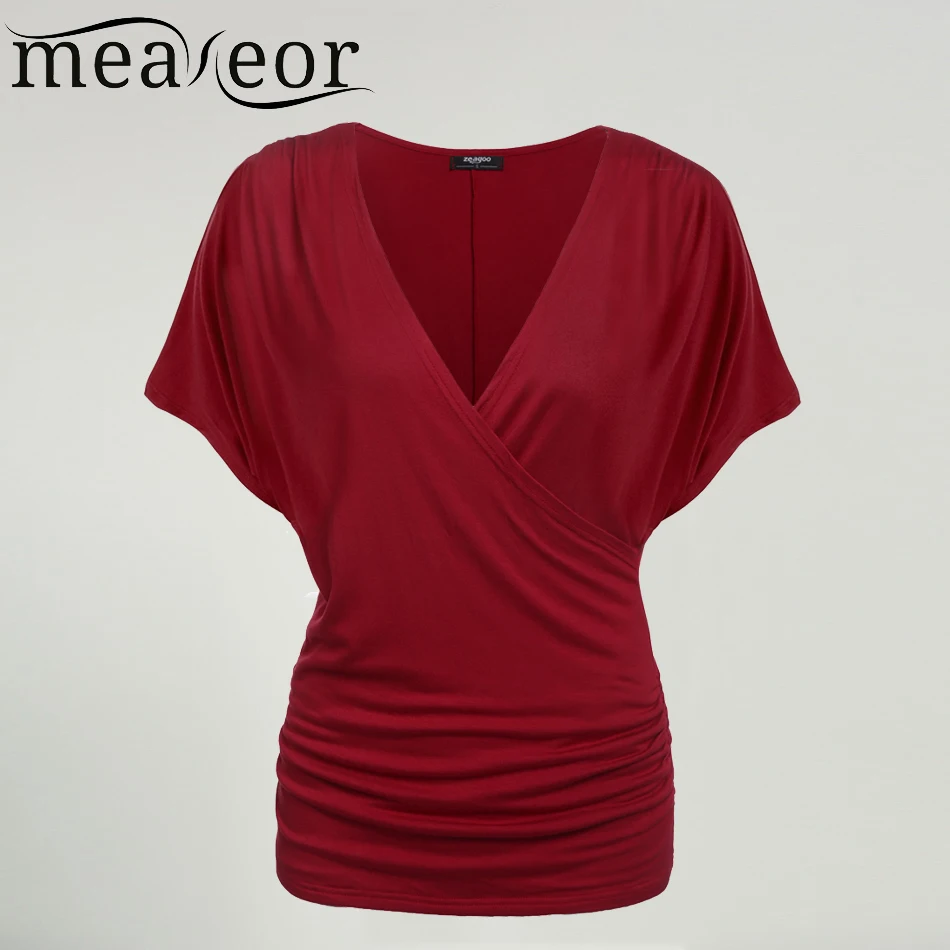 

Meaneor 2018 Summer Fashion Women Crossover Deep V-Neck T-shirts Female High quality Batwing Sleeve Front Fold Tshirt Drape Top
