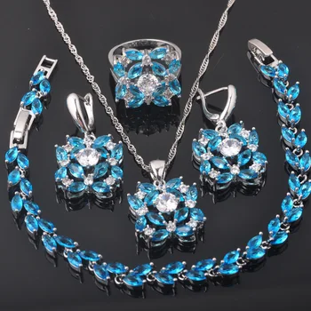 Sky Blue Cubic Zirconia Flower Silver Color Jewelry Set For Women Earrings Ring Necklace Bracelet Set Anniversary Present QS0362
Sky Blue Cubic Zirconia Flower Silver Color Jewelry Set For Women Earrings Ring Necklace Bracelet Set Anniversary Present QS0362