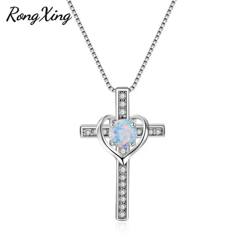 RongXing Silver Color White Fire Round Opal Cross Pendants Necklaces for Women Fashion Heart Gift NL0120 | Украшения и аксессуары