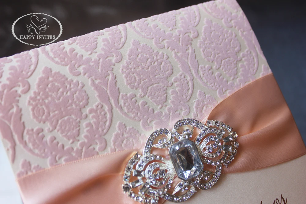 HI6023-10 Custom Ivory Wedding Card with Pink Flocking Design