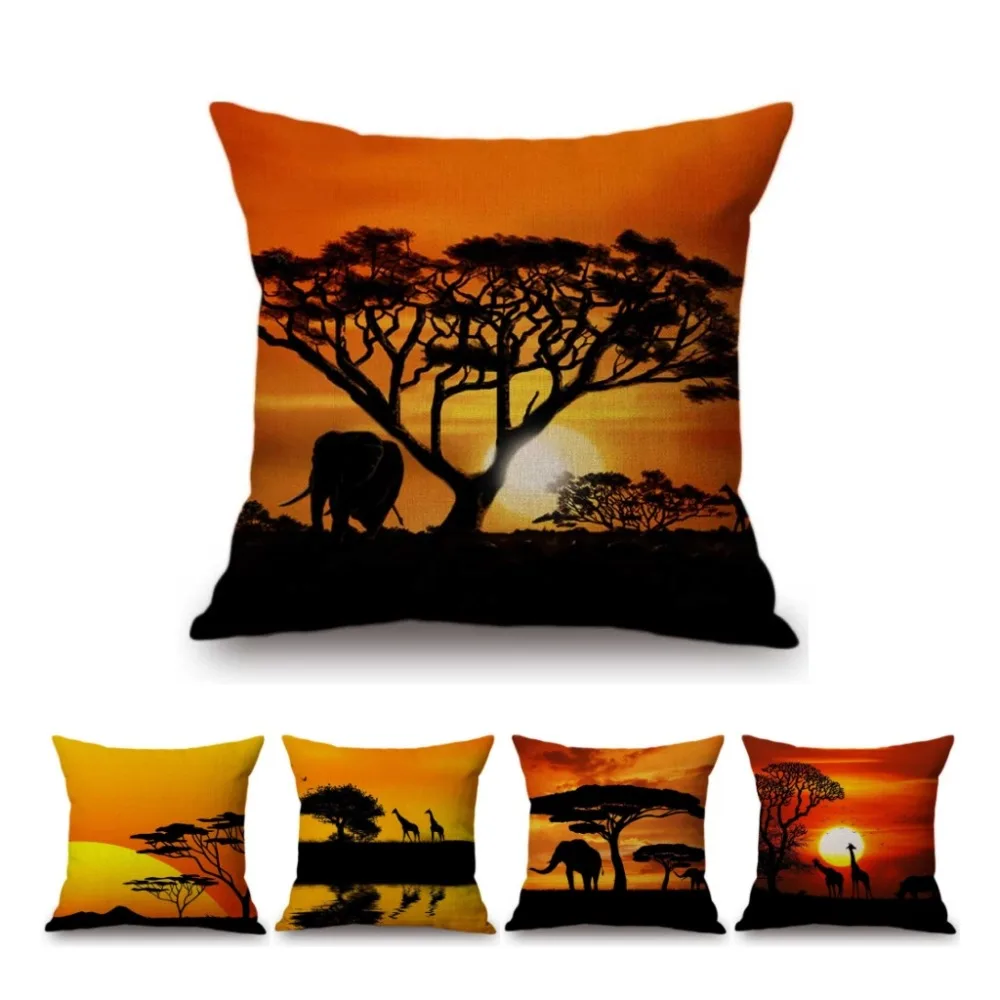 

Sunset Africa Landscape Wild Animals Elephant Giraffe Scenic Home Art Decorative Throw Pillow Case Cotton Linen Cushion Covers