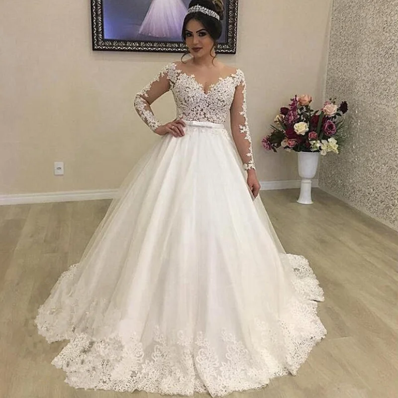 Elegant Fashion White ivory Lace Applique Long Sleeve V-neck Wedding Dress Luxury Lace-Up Tulle Bride Wedding Dresses
Elegant Fashion White ivory Lace Applique Long Sleeve V-neck Wedding Dress Luxury Lace-Up Tulle Bride Wedding Dresses