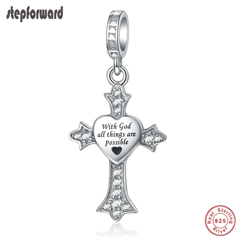 STEP FORWARD Genuine 925 Sterling Silver Cross Charms For Women Love Letter With God All Things Are Possible Charm Fit Bracelet | Украшения