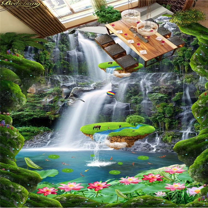 Image beibehang Custom Photo Floor Painting Wallpaper Ground Stick Lawn Cliff Waterfall Small Island Lotus Bathroom Kitchen 3D Floor