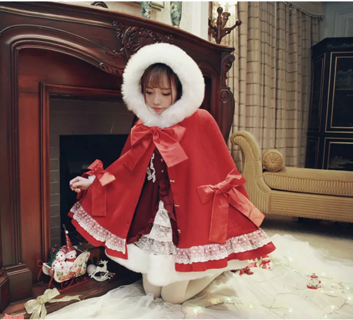 Japanese Female Sweet Christmas Hooded Cape Bow Red Coat Warm Lolita Style 2017 Winter New Woolen Coat Fur Collar Women Cloak
Japanese Female Sweet Christmas Hooded Cape Bow Red Coat Warm Lolita Style 2017 Winter New Woolen Coat Fur Collar Women Cloak