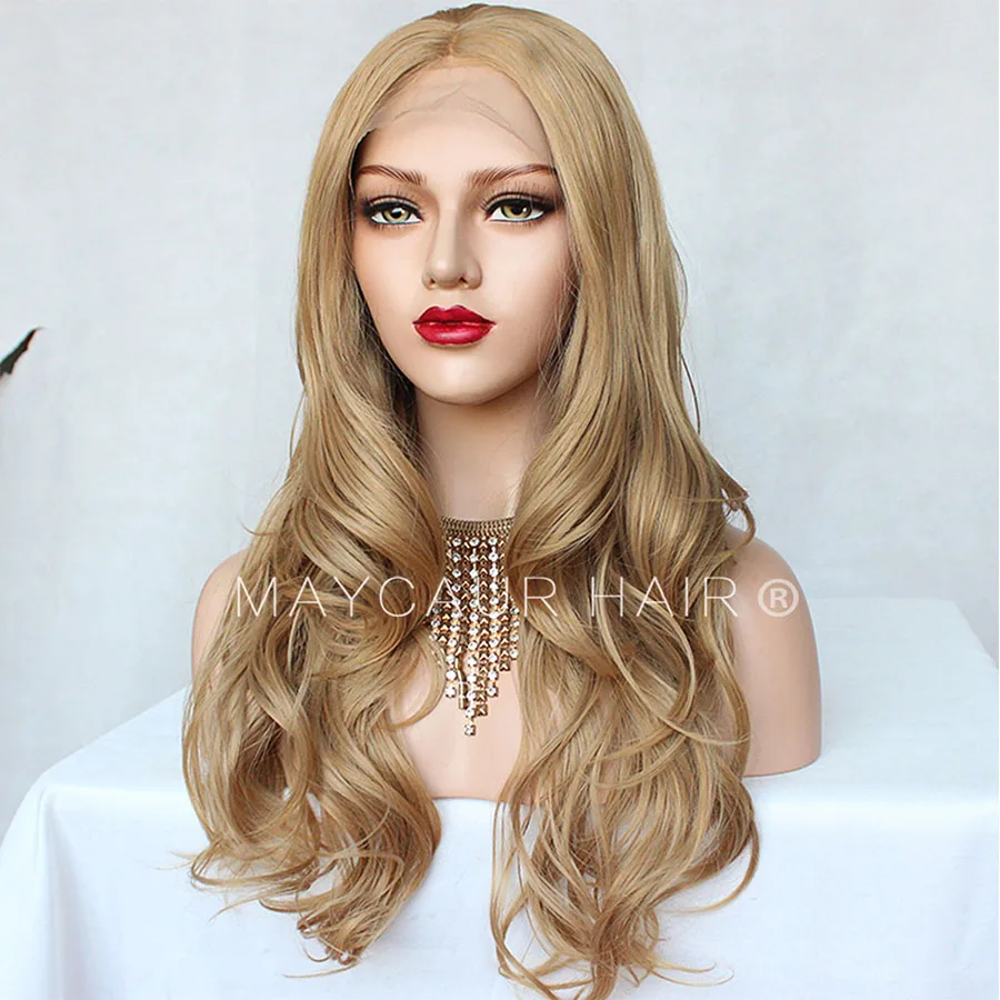 Maycaur Golden Hair Long Wavy Wig Natural Hairline Synthetic Lace Front Wigs for Fashion Women Glueless Lace Wigs (5)