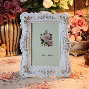 

European Wedding Accents Embossed Rose Flower Design and Jeweled White 4x6/5x7 inches Rectangle Shape Tabletop Resin Photo Frame