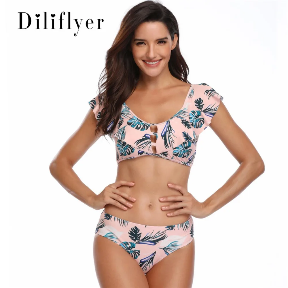 Woman Swimsuit Solid Bikini Tankini Blue Leaves Push Up Bikinis Triangle Bather Suit Swimwear For Girls Bandeaukini Bathing Suit 1