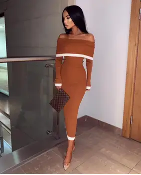 Brown Color Ladies HL Bandage Dress Long Sleeve Sexy Off the Shoulder Bodycon Mid-calf Dress Celebrity Fashion Dress
Brown Color Ladies HL Bandage Dress Long Sleeve Sexy Off the Shoulder Bodycon Mid-calf Dress Celebrity Fashion Dress