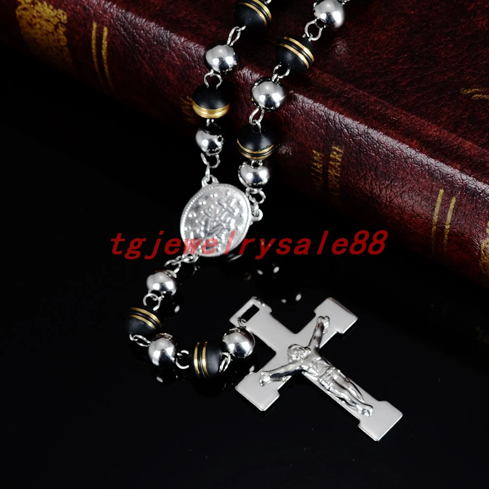 Gold Black Color Silicone With Silver Round Ball Beads Rosary Men's Neck Jewelry Stainless Steel Jesus Pendant Necklace Choker
Gold Black Color Silicone With Silver Round Ball Beads Rosary Men's Neck Jewelry Stainless Steel Jesus Pendant Necklace Choker